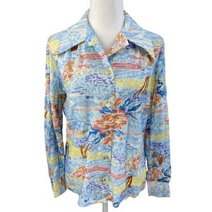 New Fashion Creation Blouse Shirt Womens Medium Blue Button Up Vintage 70s Retro